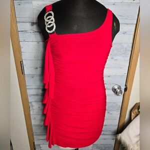 Vtg Taboo Red Ruched Rhinestone Side Strap Mini Dress